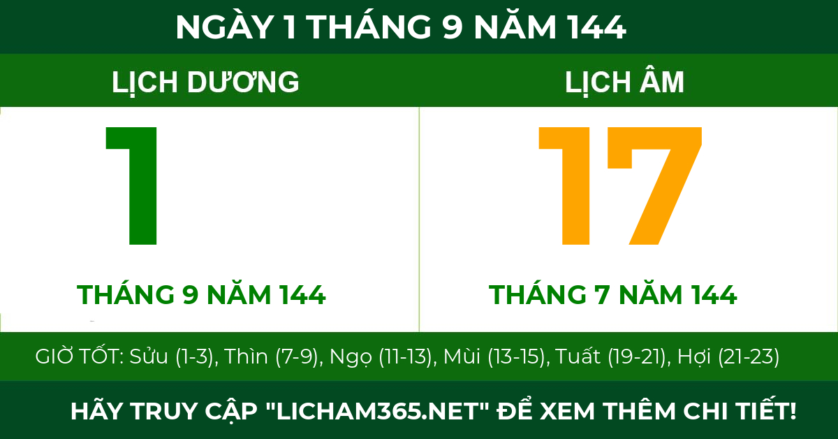 lịch âm ngày 1 tháng 9 năm 144