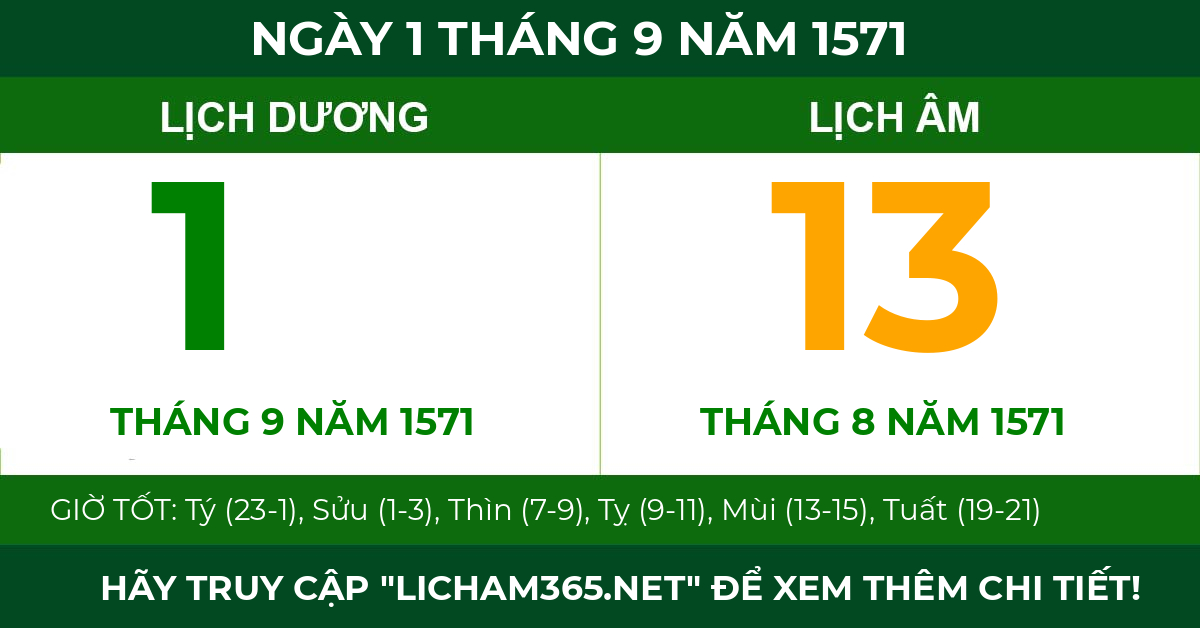 lịch âm ngày 1 tháng 9 năm 1571