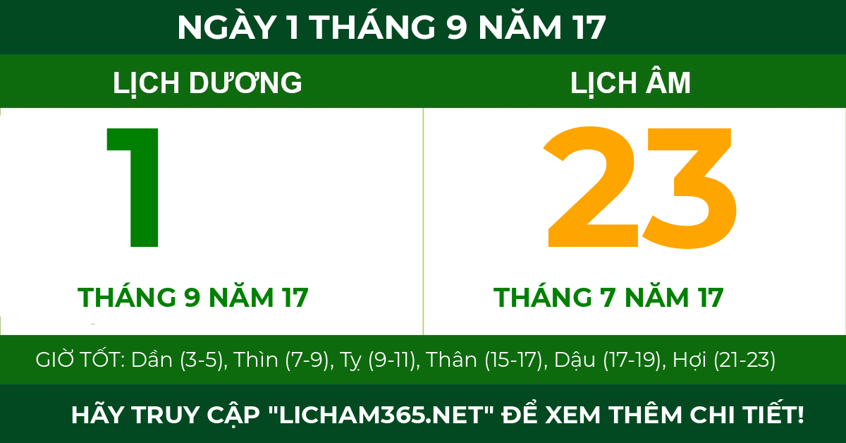 lịch âm ngày 1 tháng 9 năm 17