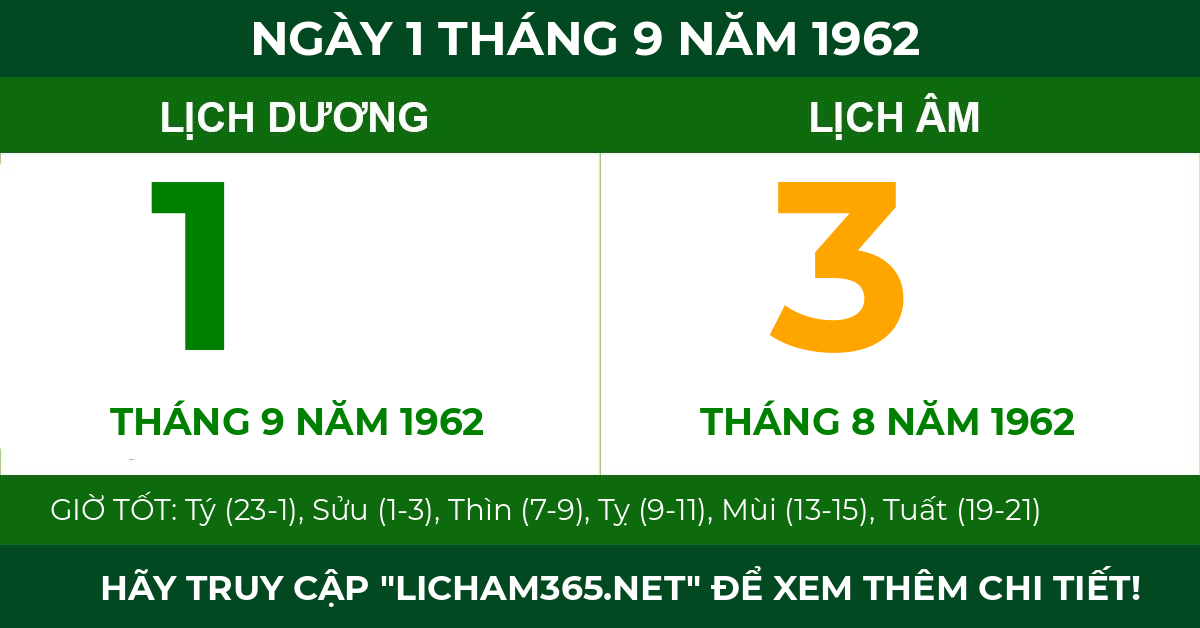lịch âm ngày 1 tháng 9 năm 1962