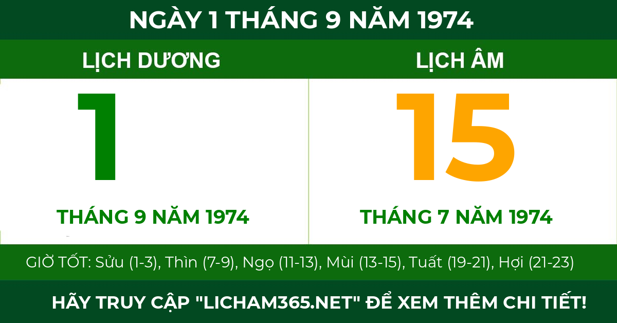 lịch âm ngày 1 tháng 9 năm 1974