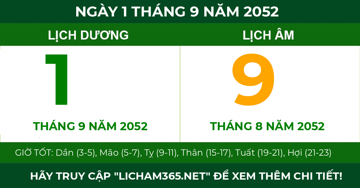 lịch âm ngày 1 tháng 9 năm 2052