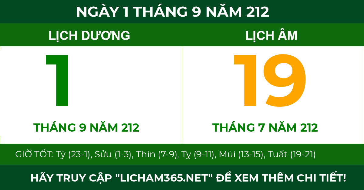 lịch âm ngày 1 tháng 9 năm 212