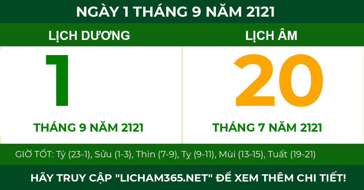 lịch âm ngày 1 tháng 9 năm 2121