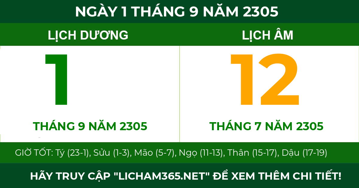 lịch âm ngày 1 tháng 9 năm 2305