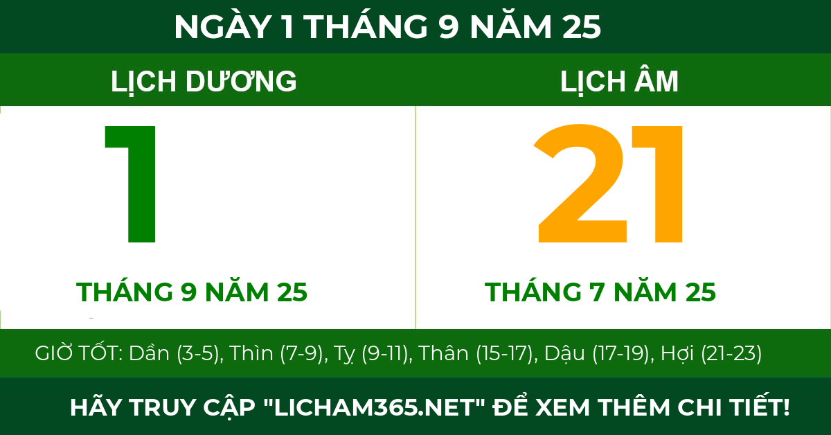 lịch âm ngày 1 tháng 9 năm 25