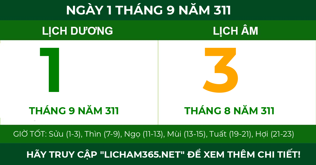 lịch âm ngày 1 tháng 9 năm 311