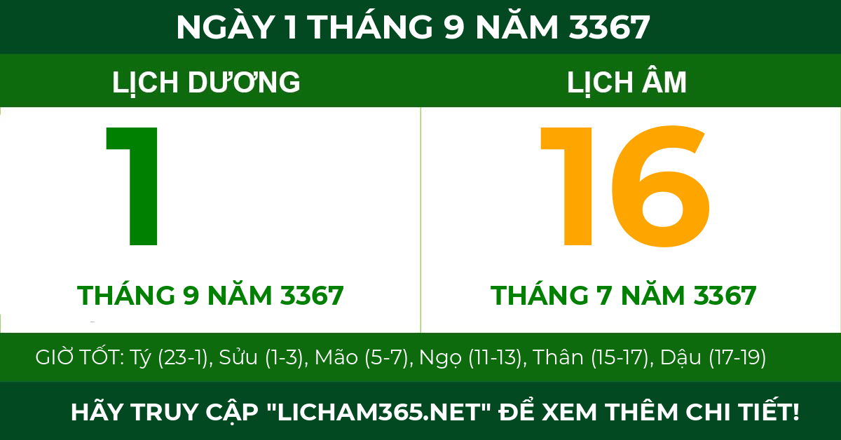 lịch âm ngày 1 tháng 9 năm 3367