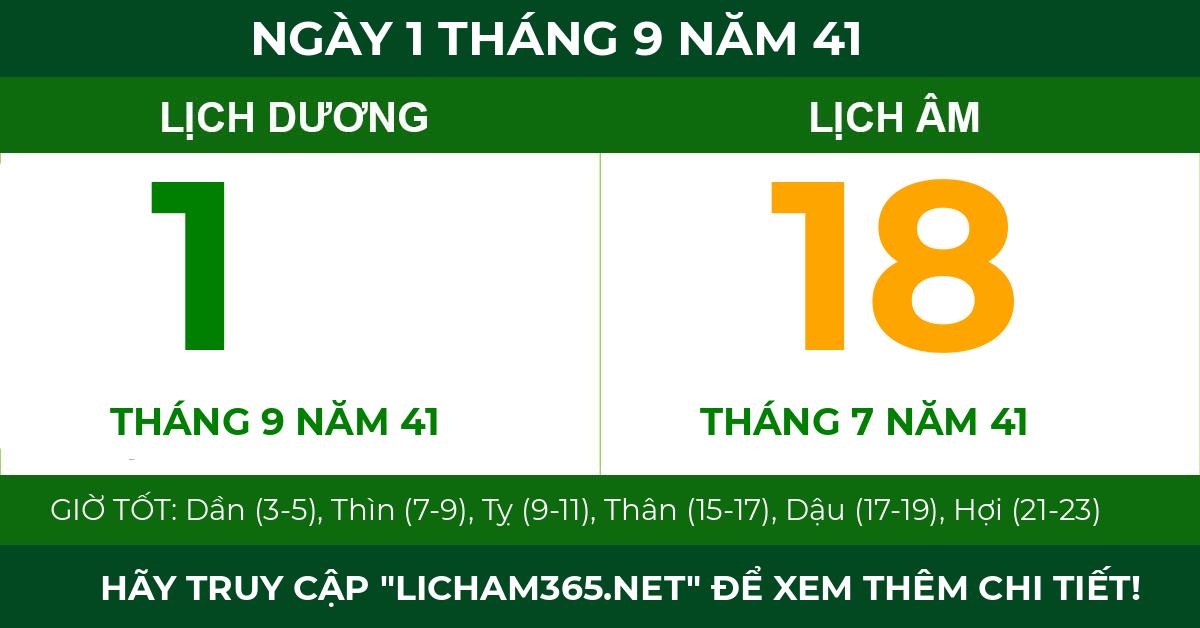 lịch âm ngày 1 tháng 9 năm 41