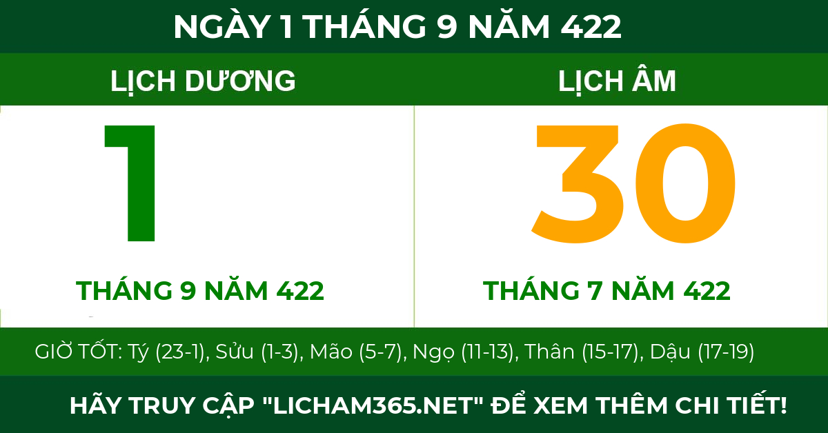 lịch âm ngày 1 tháng 9 năm 422