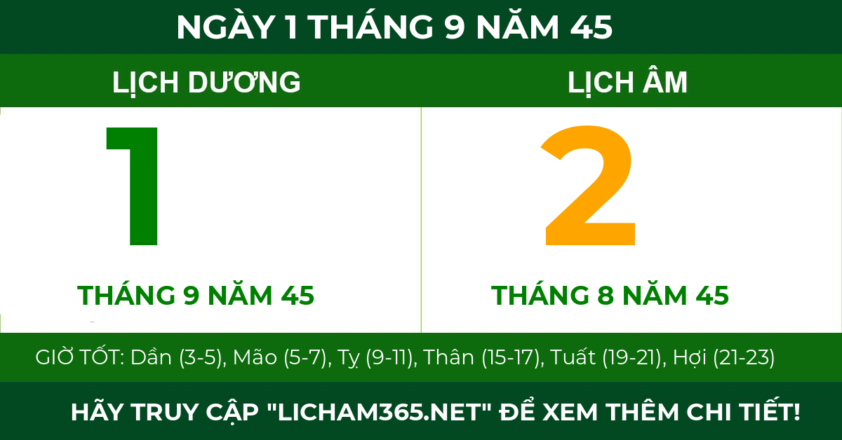 lịch âm ngày 1 tháng 9 năm 45