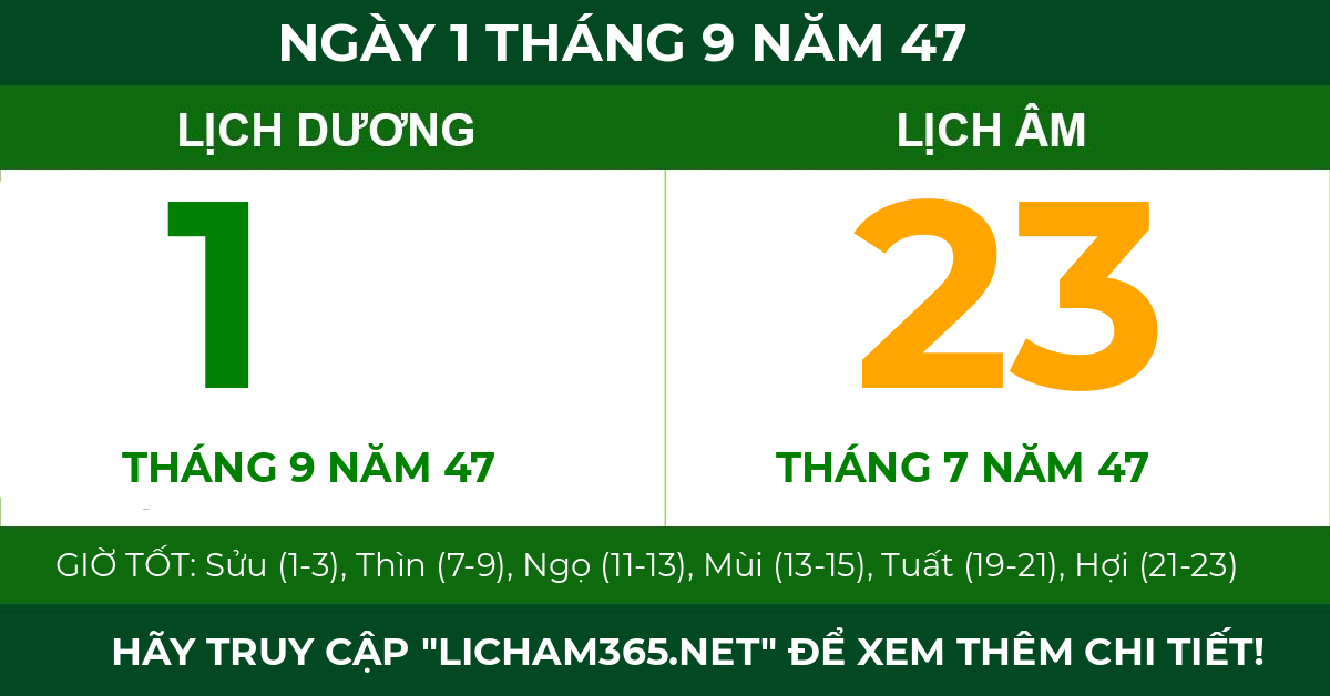 lịch âm ngày 1 tháng 9 năm 47