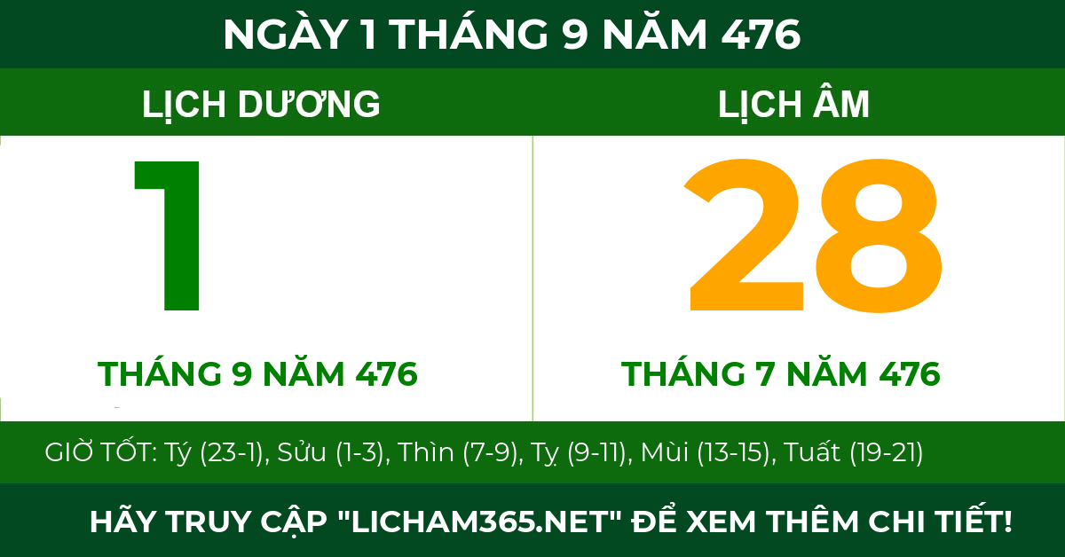 lịch âm ngày 1 tháng 9 năm 476