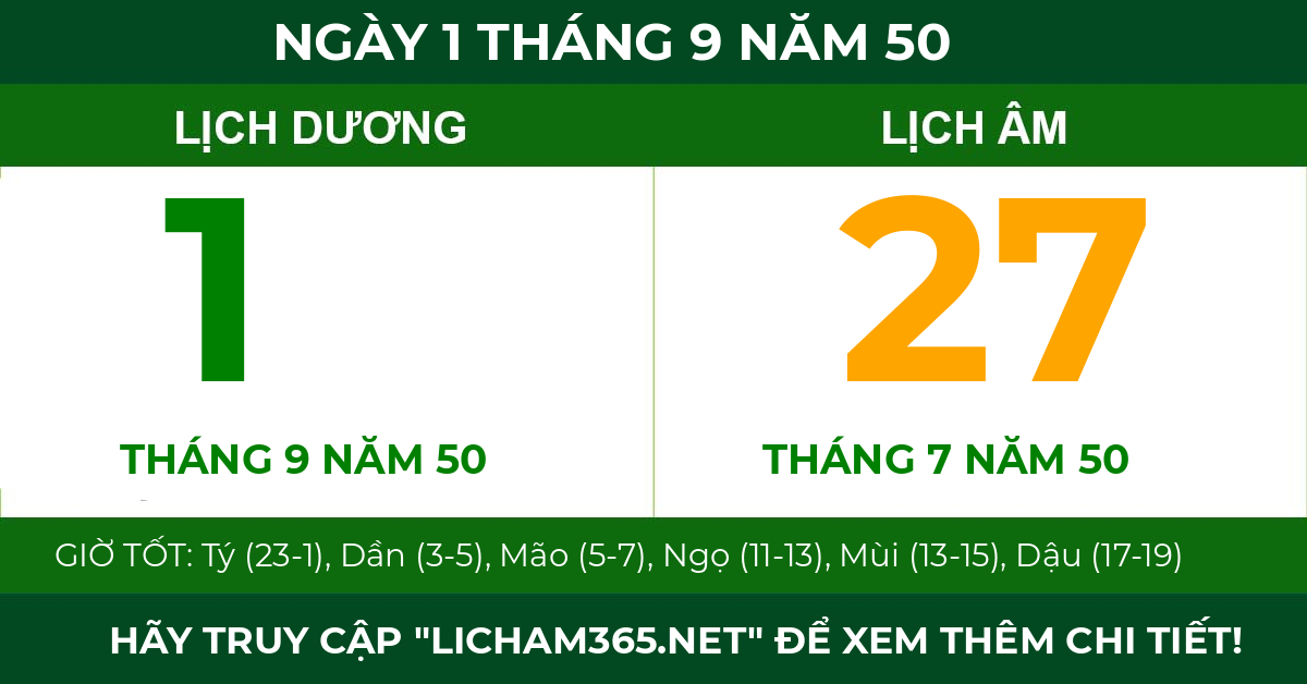 lịch âm ngày 1 tháng 9 năm 50