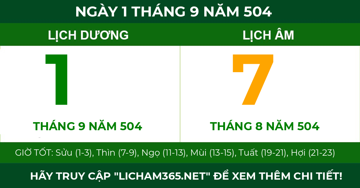 lịch âm ngày 1 tháng 9 năm 504
