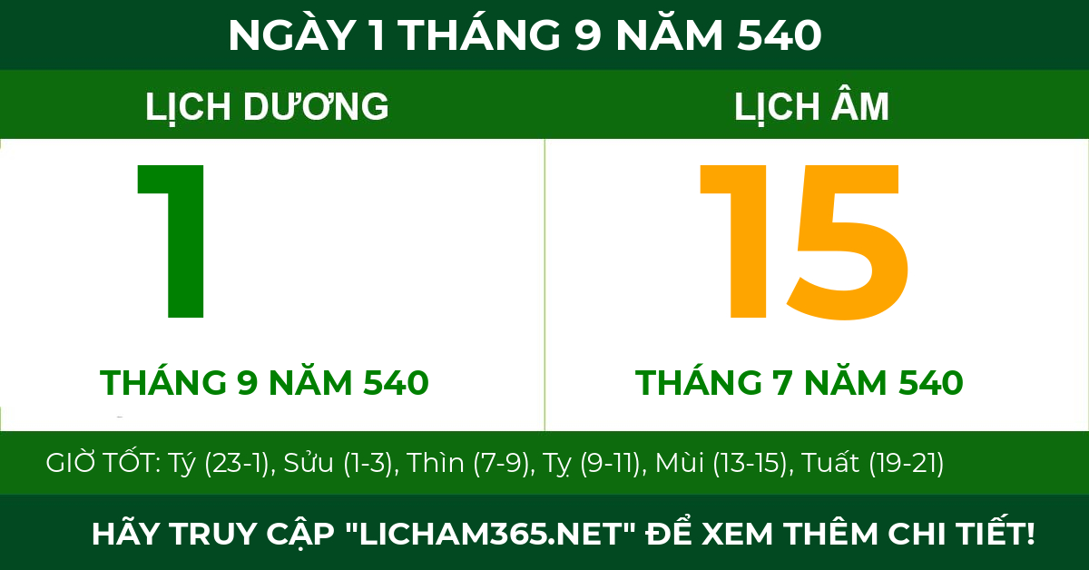 lịch âm ngày 1 tháng 9 năm 540
