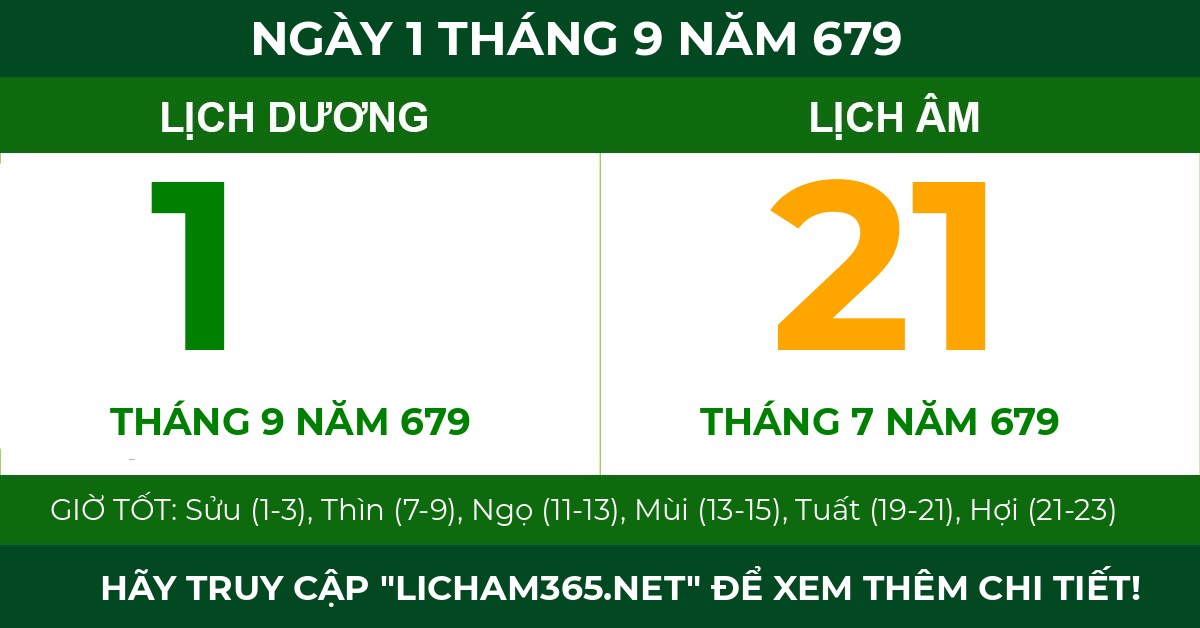 lịch âm ngày 1 tháng 9 năm 679