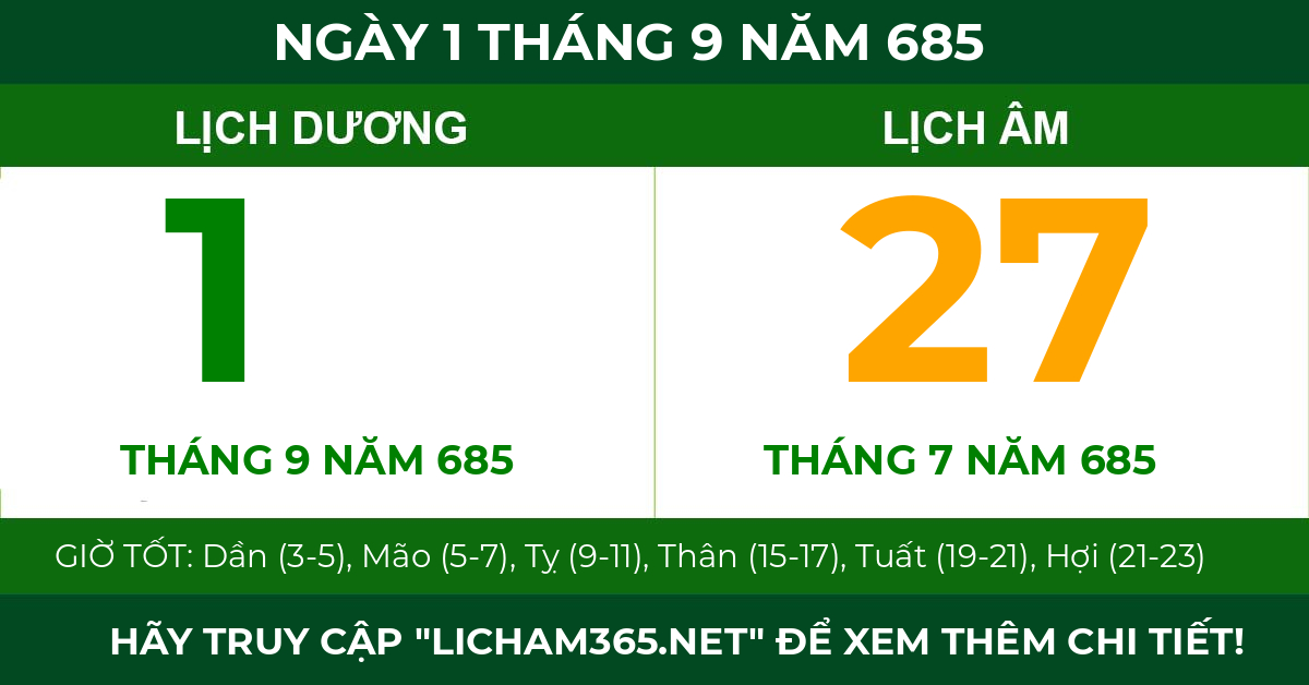 lịch âm ngày 1 tháng 9 năm 685