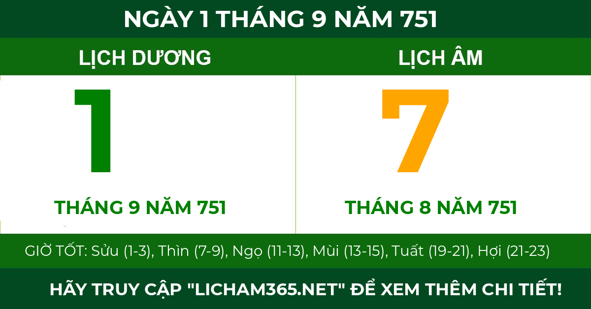 lịch âm ngày 1 tháng 9 năm 751