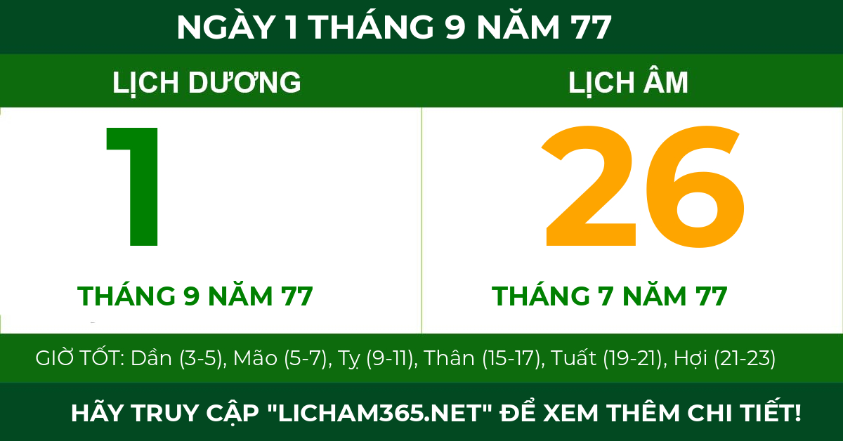 lịch âm ngày 1 tháng 9 năm 77