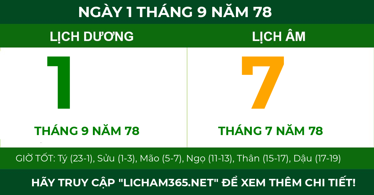lịch âm ngày 1 tháng 9 năm 78