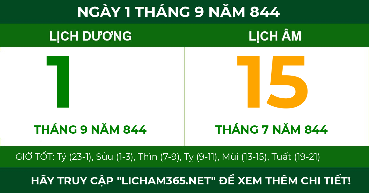 lịch âm ngày 1 tháng 9 năm 844
