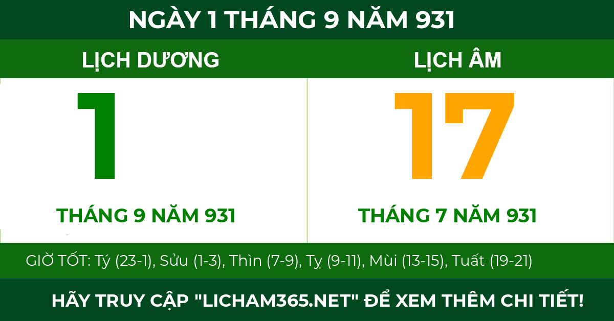 lịch âm ngày 1 tháng 9 năm 931