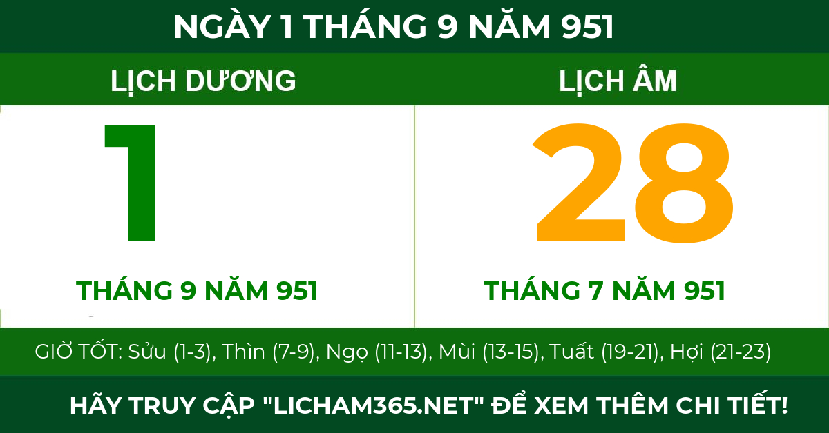 lịch âm ngày 1 tháng 9 năm 951