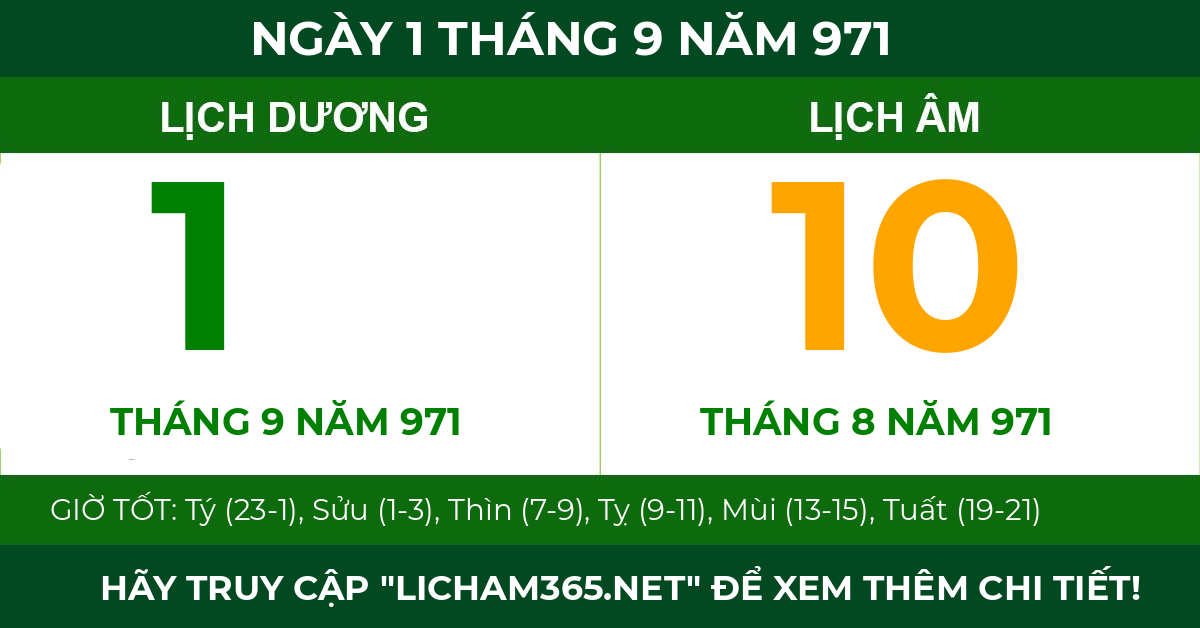 lịch âm ngày 1 tháng 9 năm 971