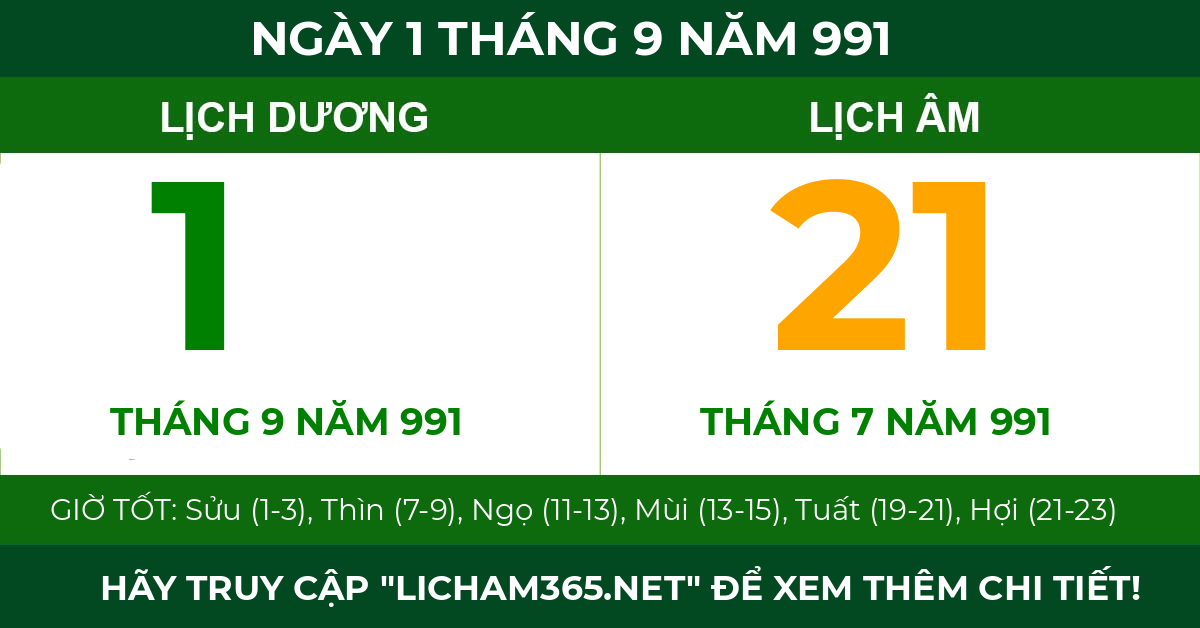 lịch âm ngày 1 tháng 9 năm 991
