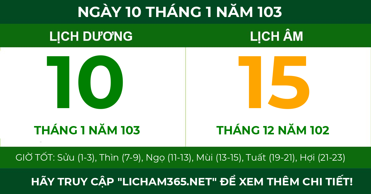 lịch âm ngày 10 tháng 1 năm 103