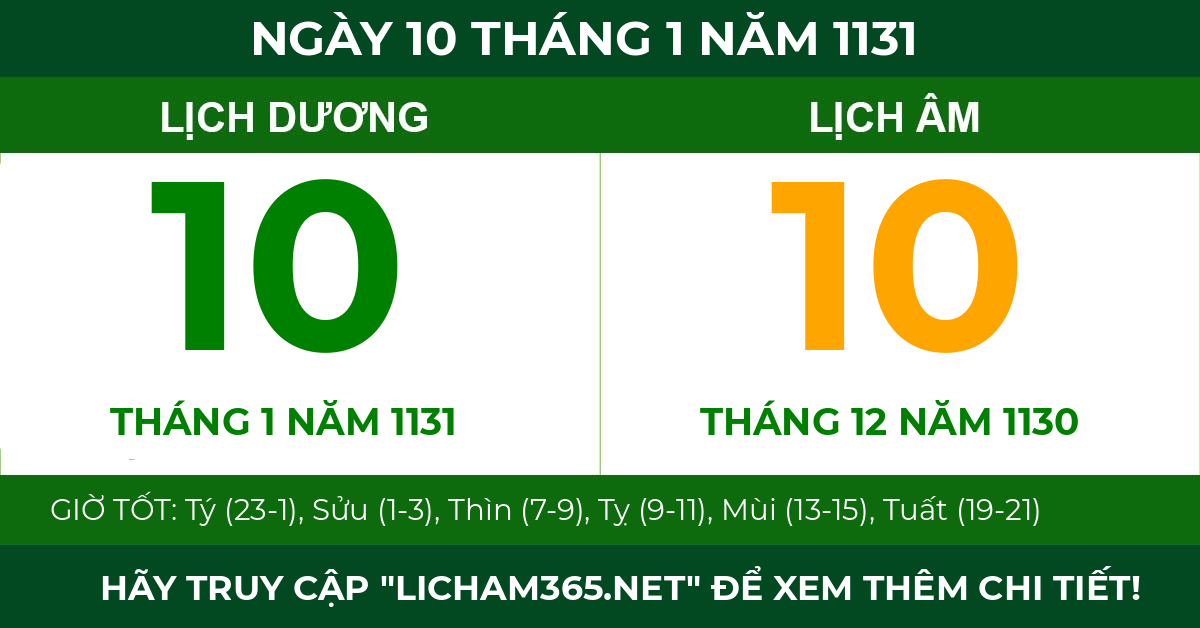 lịch âm ngày 10 tháng 1 năm 1131