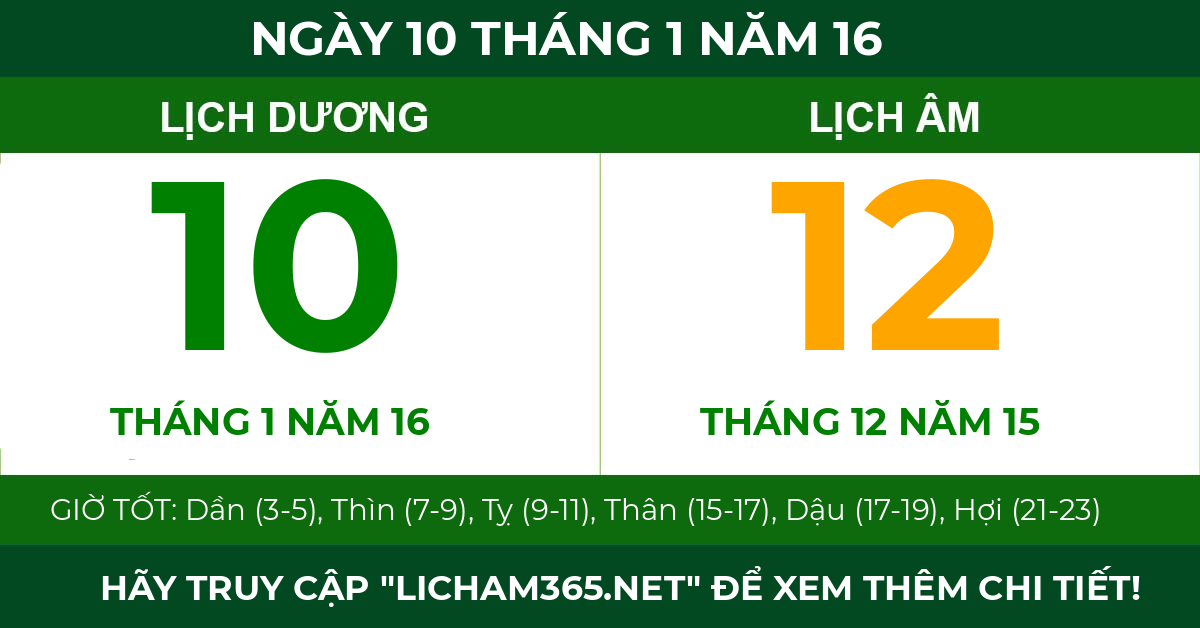 lịch âm ngày 10 tháng 1 năm 16