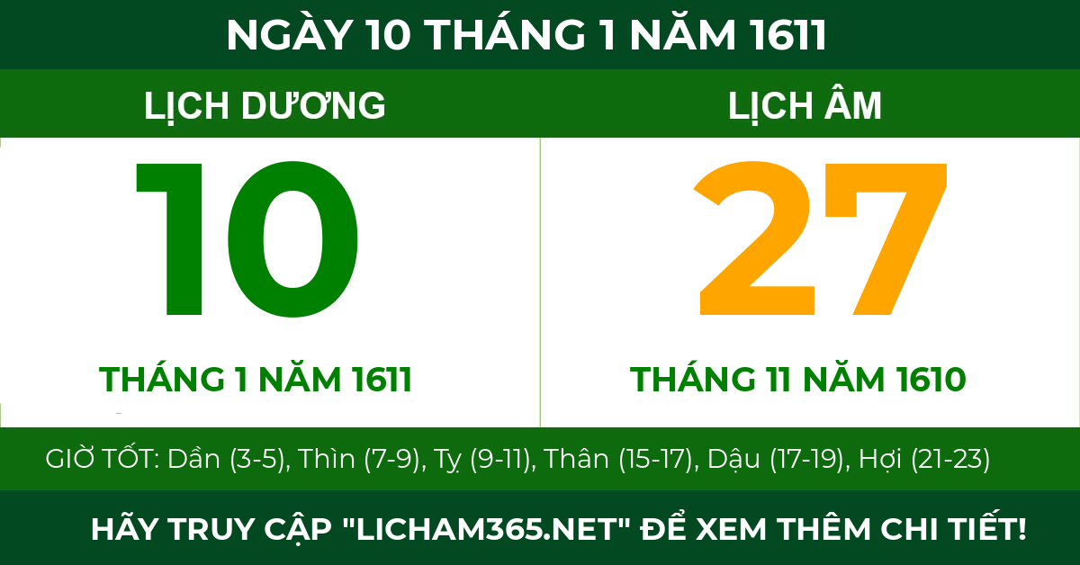 lịch âm ngày 10 tháng 1 năm 1611