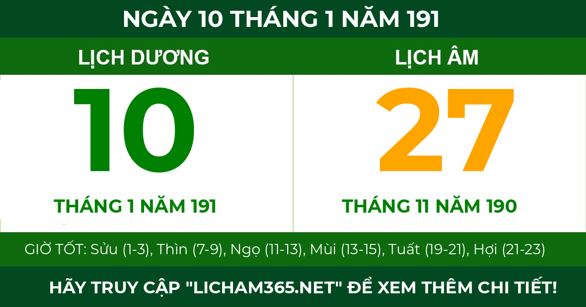 lịch âm ngày 10 tháng 1 năm 191