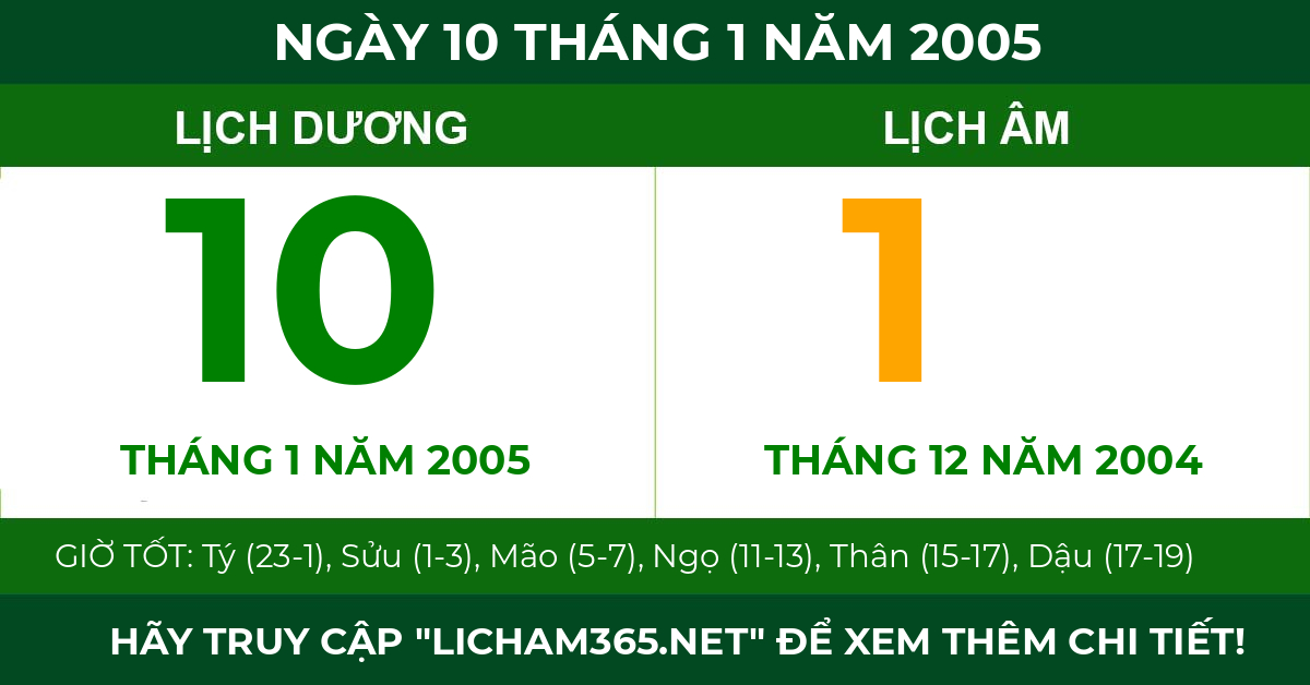 lịch âm ngày 10 tháng 1 năm 2005