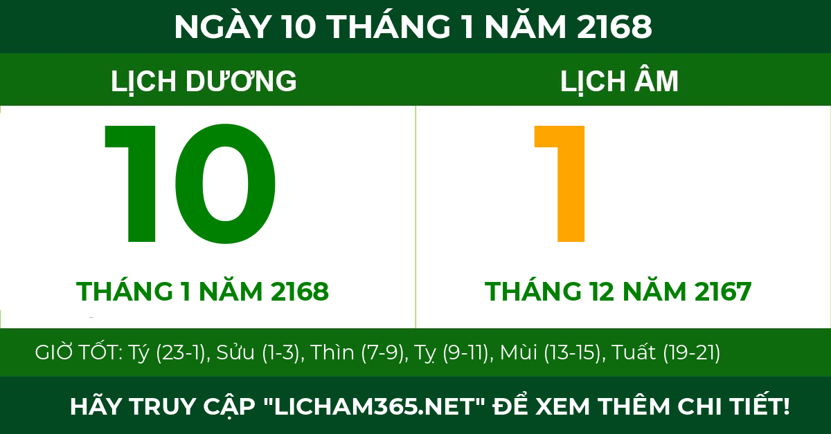 lịch âm ngày 10 tháng 1 năm 2168
