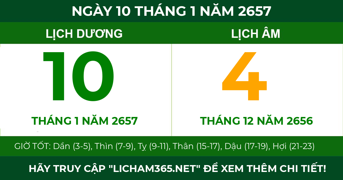 lịch âm ngày 10 tháng 1 năm 2657