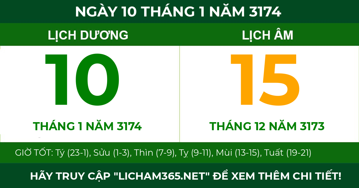 lịch âm ngày 10 tháng 1 năm 3174