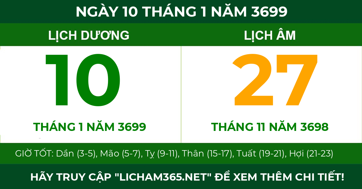 lịch âm ngày 10 tháng 1 năm 3699