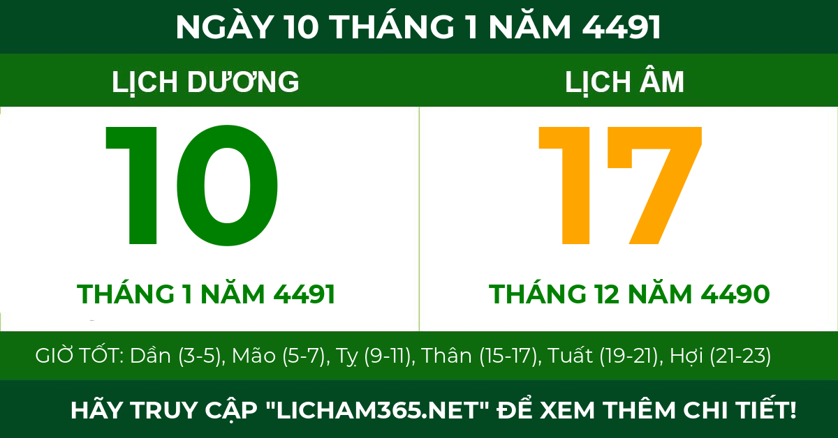 lịch âm ngày 10 tháng 1 năm 4491