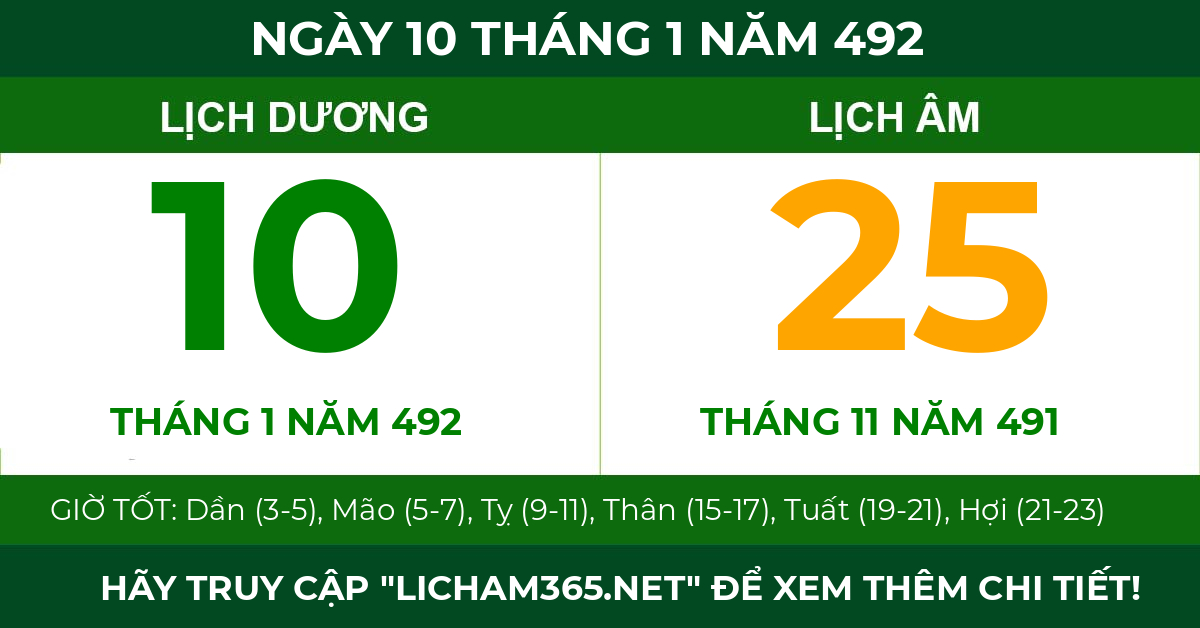 lịch âm ngày 10 tháng 1 năm 492