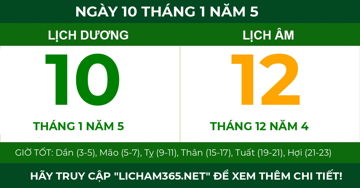 lịch âm ngày 10 tháng 1 năm 5