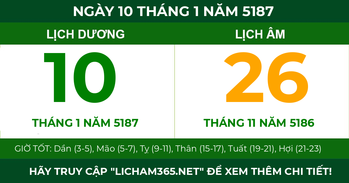 lịch âm ngày 10 tháng 1 năm 5187
