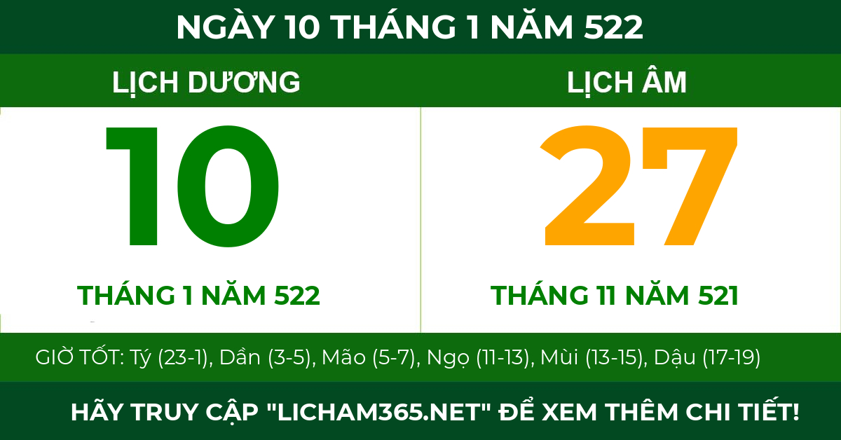 lịch âm ngày 10 tháng 1 năm 522