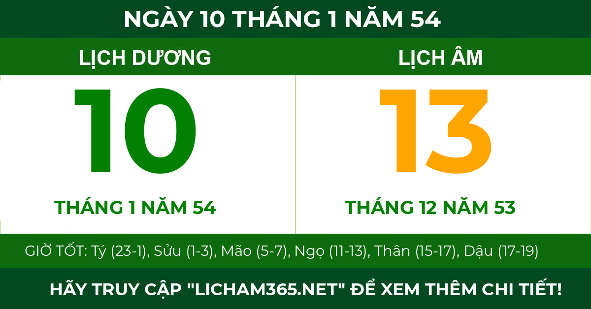lịch âm ngày 10 tháng 1 năm 54