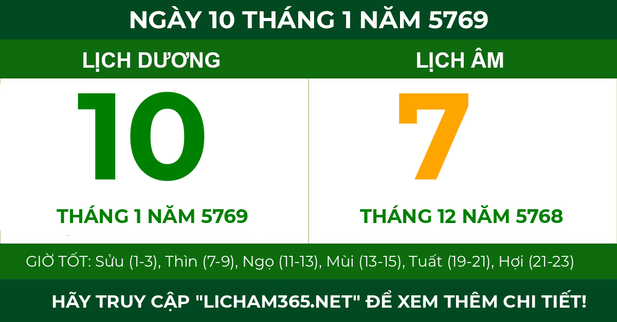 lịch âm ngày 10 tháng 1 năm 5769