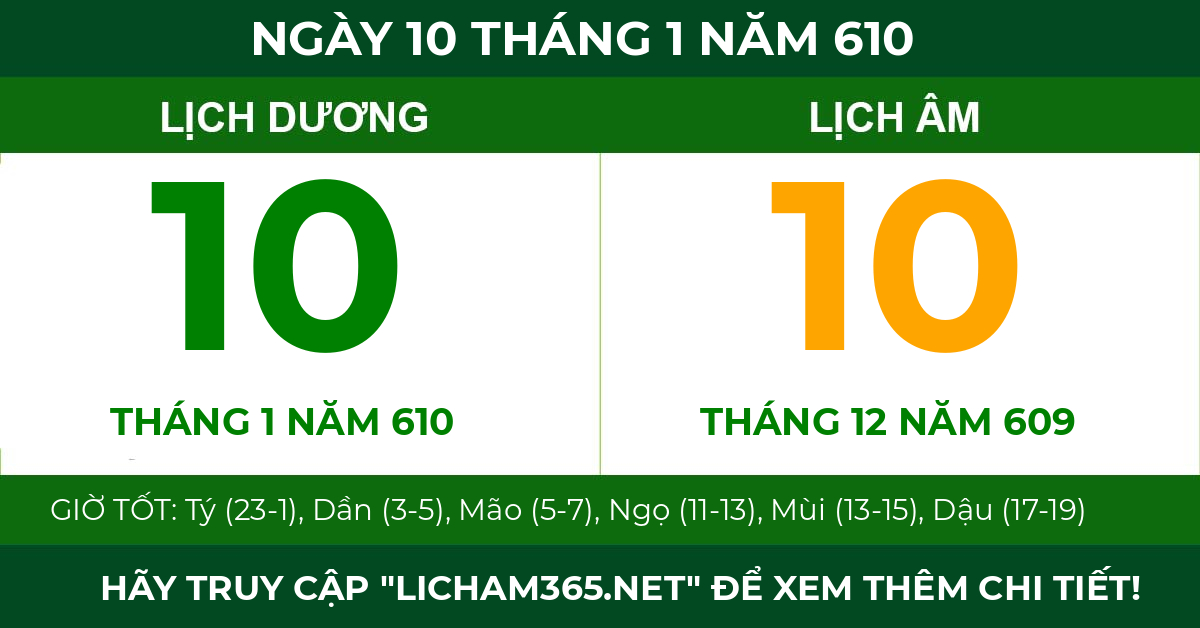lịch âm ngày 10 tháng 1 năm 610