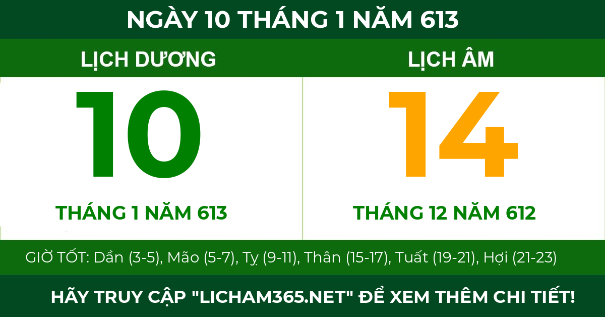 lịch âm ngày 10 tháng 1 năm 613
