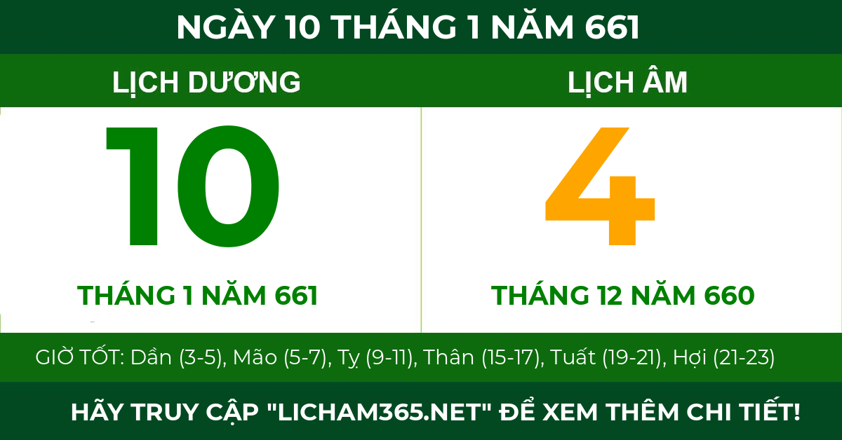 lịch âm ngày 10 tháng 1 năm 661